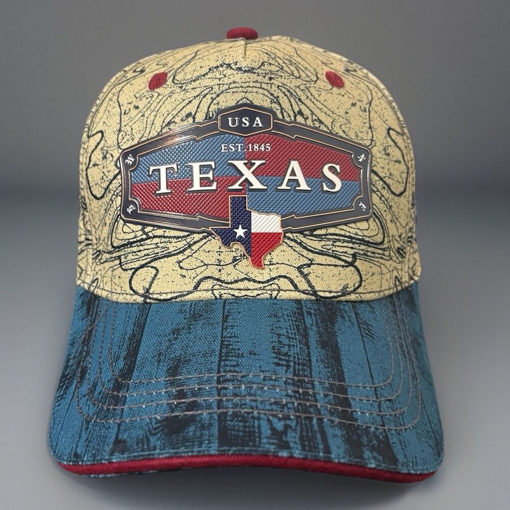Robin Ruth Texas Road Map Baseball Cap Beige Blue Woodgrain Bill Adjustable NWT